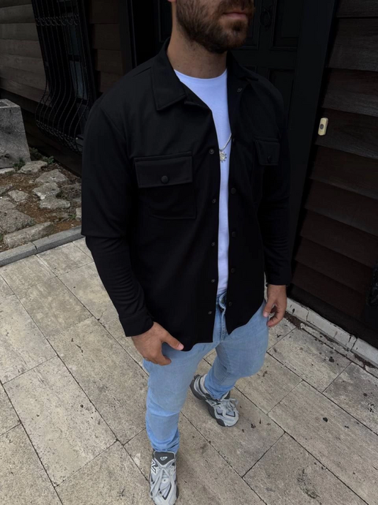 Erkek Diagonal Kumaş Cepli Çıtçıtlı Uzun Kollu, Gömlek Oversize Rahat Kalıp Günlük Şık Stil - Siyah