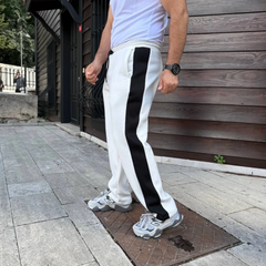 Erkek Üç İplik Kışlık Pamuklu Yandan Garneli Kalın Şeritli Cepli Eşofman Altı - Beyaz