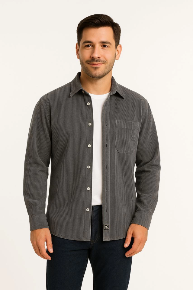 Erkek Fitilli Kadife Cepli Gömlek Oversize Rahat Kalıp - Füme