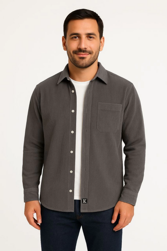 Erkek Fitilli Kadife Cepli Gömlek Oversize Rahat Kalıp - Füme