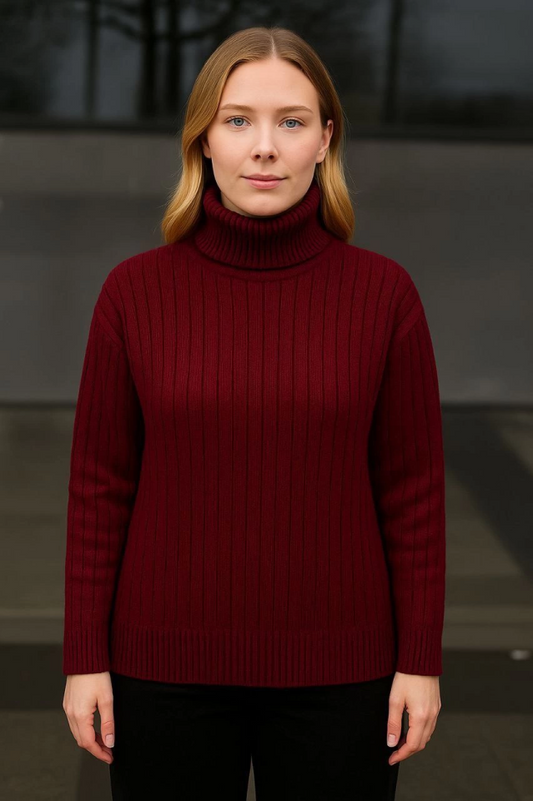 Balıkcı Yaka Bağazlı Triko Kazak Pamuklu Kalın Fitilli Dokuma - Bordo