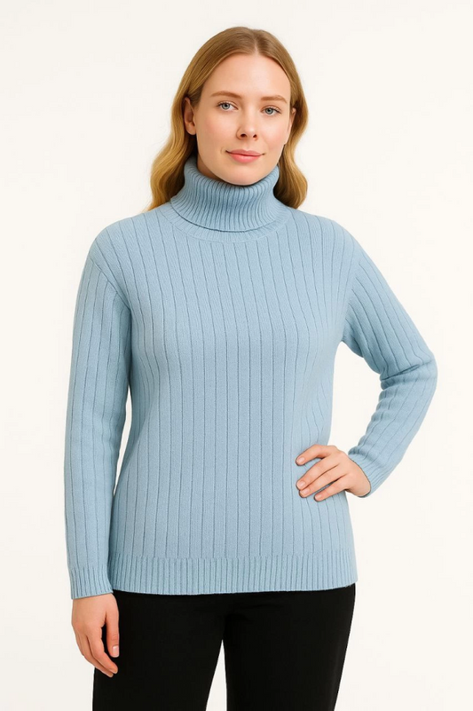 Balıkcı Yaka Bağazlı Triko Kazak Pamuklu Kalın Fitilli Dokuma - Bebek Mavisi