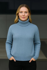 Balıkcı Yaka Bağazlı Triko Kazak Pamuklu Kalın Fitilli Dokuma - Bebek Mavisi