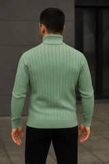 Erkek Balıkcı Yaka Bağazlı Triko Kazak Pamuklu Kalın Fitilli Dokuma, Regular Fit Uzun Kollu Kışlık Model - Mint Yeşili