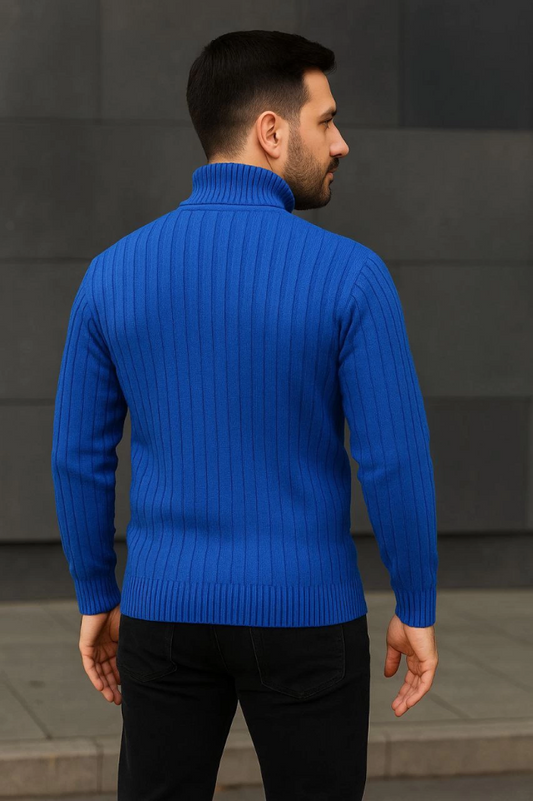 Erkek Balıkcı Yaka Bağazlı Triko Kazak Pamuklu Kalın Fitilli Dokuma, Regular Fit Uzun Kollu Kışlık Model - Saks Mavisi