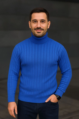 Erkek Balıkcı Yaka Bağazlı Triko Kazak Pamuklu Kalın Fitilli Dokuma, Regular Fit Uzun Kollu Kışlık Model - Saks Mavisi
