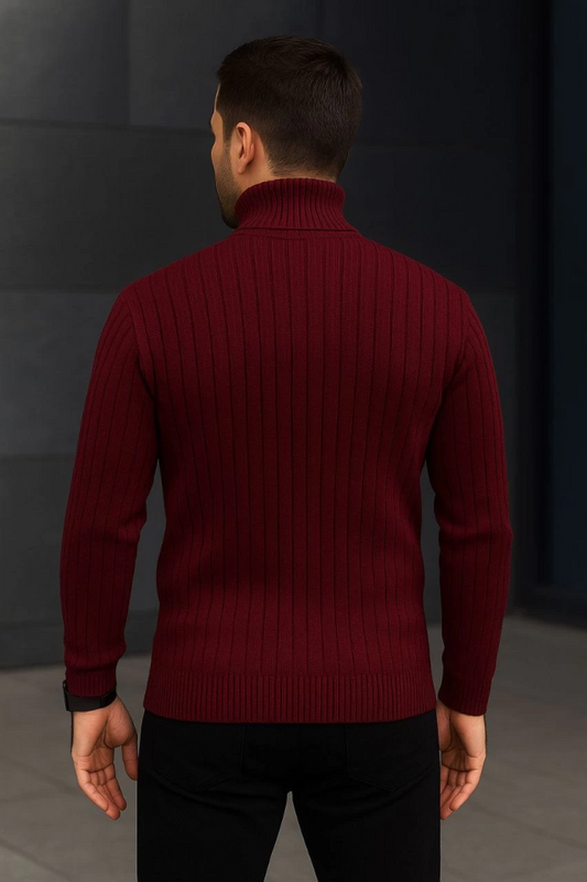 Erkek Balıkcı Yaka Bağazlı Triko Kazak Pamuklu Kalın Fitilli Dokuma, Regular Fit Uzun Kollu Kışlık Model - Bordo