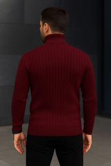 Erkek Balıkcı Yaka Bağazlı Triko Kazak Pamuklu Kalın Fitilli Dokuma, Regular Fit Uzun Kollu Kışlık Model - Bordo