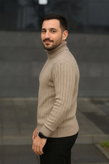 Erkek Balıkcı Yaka Bağazlı Triko Kazak Pamuklu Kalın Fitilli Dokuma, Regular Fit Uzun Kollu Kışlık Model - Bej