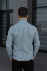 Erkek Balıkcı Yaka Bağazlı Triko Kazak Pamuklu Kalın Fitilli Dokuma, Regular Fit Uzun Kollu Kışlık Model - Bebe Mavisi