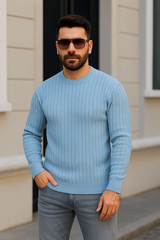 Erkek Bisiklet Yuvarlak Yaka Triko Kazak Pamuklu Kalın Fitilli Dokuma, Regular Fit Uzun Kollu Kışlık Model - Bebe Mavisi