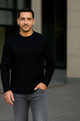 Erkek Bisiklet Yuvarlak Yaka Triko Kazak Pamuklu Kalın Fitilli Dokuma, Regular Fit Uzun Kollu Kışlık Model - Siyah