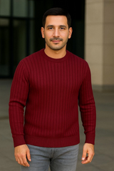 Erkek Bisiklet Yuvarlak Yaka Triko Kazak Pamuklu Kalın Fitilli Dokuma, Regular Fit Uzun Kollu Kışlık Model - Bordo