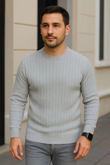 Erkek Bisiklet Yuvarlak Yaka Triko Kazak Pamuklu Kalın Fitilli Dokuma, Regular Fit Uzun Kollu Kışlık Model - Gri