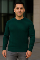 Erkek Bisiklet Yuvarlak Yaka Triko Kazak Pamuklu Kalın Fitilli Dokuma, Regular Fit Uzun Kollu Kışlık Model - Haki