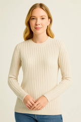 Bisiklet Yuvarlak Yaka Triko Kazak Pamuklu Kalın Fitilli Dokuma, Regular Fit Uzun Kollu Kışlık Model - Bej