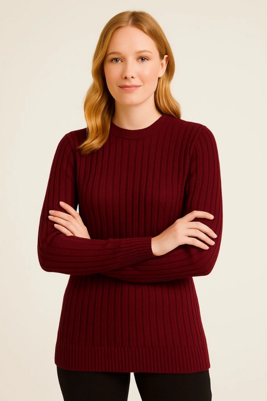 Bisiklet Yuvarlak Yaka Triko Kazak Pamuklu Kalın Fitilli Dokuma, Regular Fit Uzun Kollu Kışlık Model - Bordo