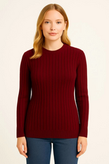 Bisiklet Yuvarlak Yaka Triko Kazak Pamuklu Kalın Fitilli Dokuma, Regular Fit Uzun Kollu Kışlık Model - Bordo