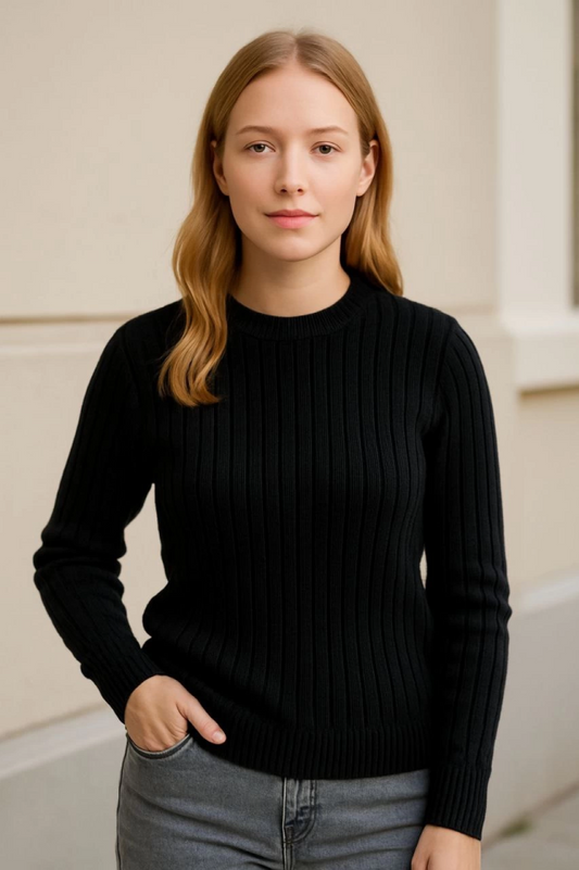 Bisiklet Yuvarlak Yaka Triko Kazak Pamuklu Kalın Fitilli Dokuma, Regular Fit Uzun Kollu Kışlık Model - Siyah