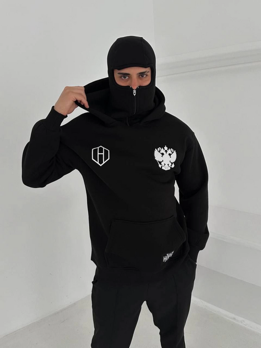 Samuray Ninja Çift Kapşonlu ZIP Fermuarlı Kanguru Çepli Tam Fermuarlı Hoodie ön Ve Arka Baskılı Maske Detaylı Swetshirt - Siyah