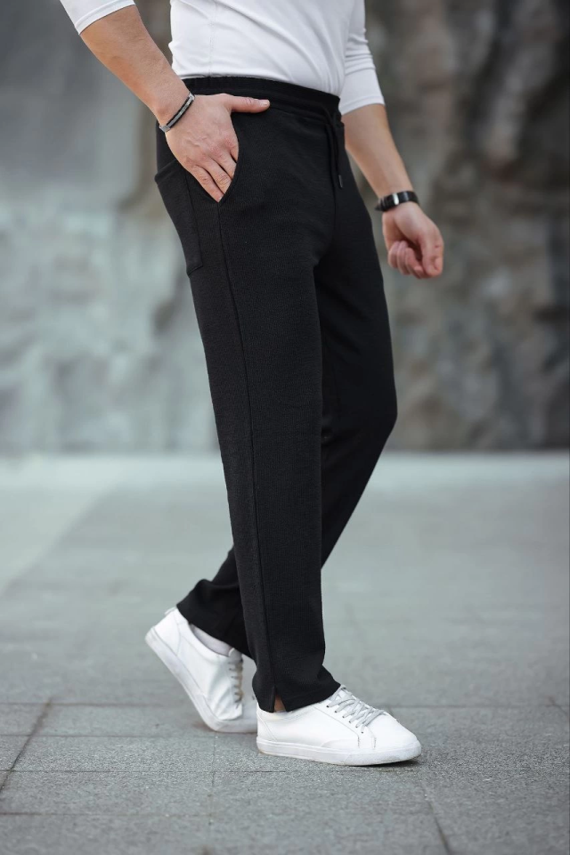 Erkek Paça Yırtmaçlı Burgu Selanik Dokulu Jogger Buggy Pantalon Rahat Kalıp - Siyah