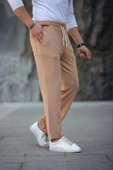 Erkek Paça Yırtmaçlı Burgu Selanik Dokulu Jogger Buggy Pantalon Rahat Kalıp - Kahverengi