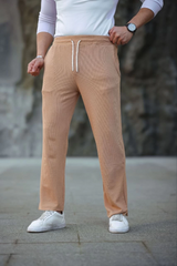 Erkek Paça Yırtmaçlı Burgu Selanik Dokulu Jogger Buggy Pantalon Rahat Kalıp - Kahverengi