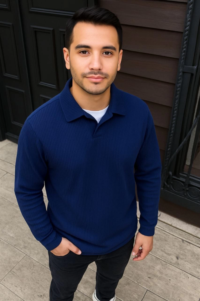 Erkek Fitilli Polar Sweatshirt – Düğmesiz Polo Yaka, Oversize Rahat Kalıp, Kalın Polar Kumaş, Kışlık Ve Baharlık Şık Günlük Üst - Lacivert