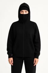 Samuray Ninja Çift Kapşonlu ZIP Fermuarlı Kanguru Çepli Hoodie Maske Detaylı Swetshirt - Siyah