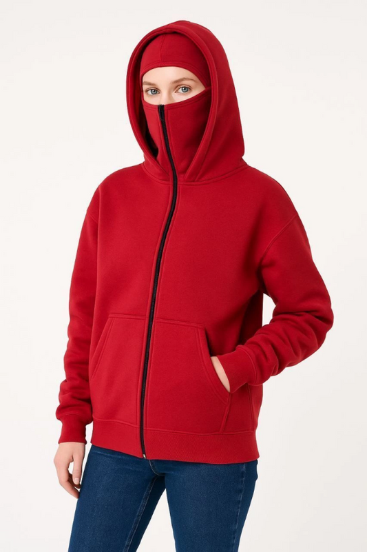 Samuray Ninja Çift Kapşonlu ZIP Fermuarlı Kanguru Çepli Hoodie Maske Detaylı Swetshirt - Kırmızı