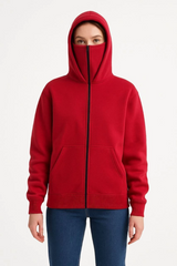 Samuray Ninja Çift Kapşonlu ZIP Fermuarlı Kanguru Çepli Hoodie Maske Detaylı Swetshirt - Kırmızı