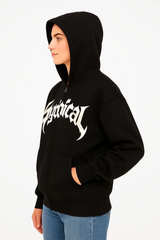 Oversize Kapüşonlu Sweatshirt  Hoodie 3 İplik Şardonlu Pamuklu Kumaş, Önü Baskılı, Fermuarlı Rahat Kalıp, Kışlık Ve Sokak Stili Sweat - Siyah
