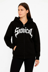 Oversize Kapüşonlu Sweatshirt  Hoodie 3 İplik Şardonlu Pamuklu Kumaş, Önü Baskılı, Fermuarlı Rahat Kalıp, Kışlık Ve Sokak Stili Sweat - Siyah