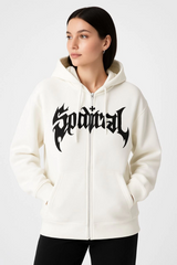 Oversize Kapüşonlu Sweatshirt Hoodie 3 İplik Şardonlu Pamuklu Kumaş, Önü Baskılı, Fermuarlı Rahat Kalıp, Kışlık Ve Sokak Stili Sweat - Beyaz