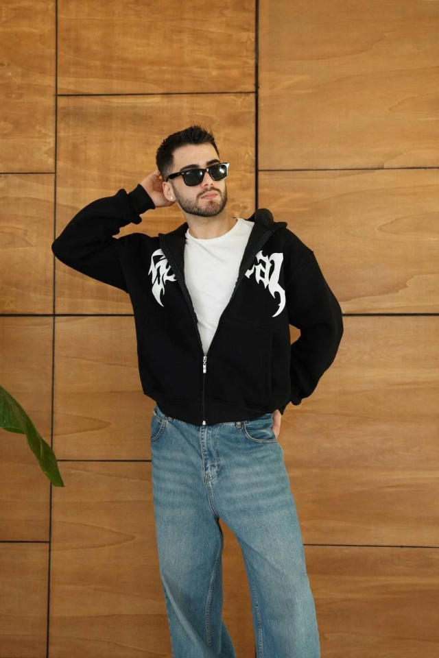 Erkek Kapüşonlu Sweatshirt  Hoodie 3 İplik Şardonlu Pamuklu Kumaş, Önü Baskılı, Fermuarlı Rahat Kalıp, Kışlık Ve Sokak Stili Sweat - Siyah