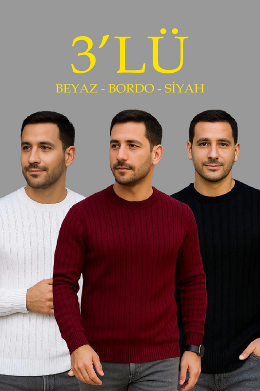Erkek Fitilli Triko Kazak 3lü Set Beyaz Bordo Siyah Regular Fit Bisiklet Yaka Triko Seti