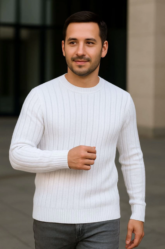 Erkek Fitilli Triko Kazak 3lü Set Beyaz Bordo Siyah Regular Fit Bisiklet Yaka Triko Seti