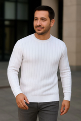 Erkek Fitilli Triko Kazak 4’lü Set Beyaz Bordo Gri Siyah Regular Fit Bisiklet Yaka Kazak Triko Kombini