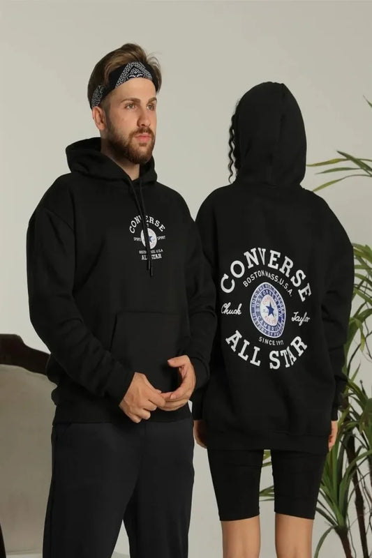 Unisex Oversize Üç İplik Şardonlu Kapüşonlu Sweatshirt – All Star Ön Ve Arka Baskılı, Kanguru Cepli, Rahat Kalıp Kışlık Model - Siyah