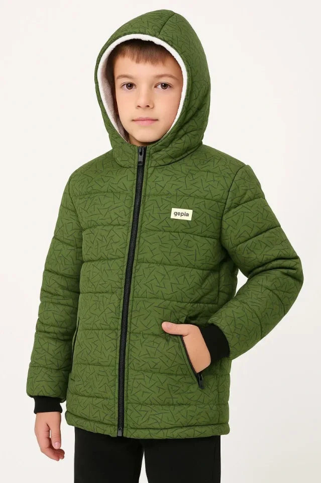 Erkek Çocuk Yeşil Desenli Mont  İçi Sıcak Tutucu Pelüş Astarlı, Kapüşonlu Fermuarlı Su İtici  Kışlık Şişme Mont- Haki