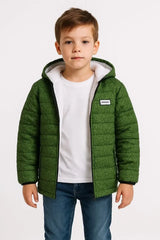 Erkek Çocuk Yeşil Desenli Mont  İçi Sıcak Tutucu Pelüş Astarlı, Kapüşonlu Fermuarlı Su İtici  Kışlık Şişme Mont- Haki