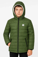 Erkek Çocuk Yeşil Desenli Mont  İçi Sıcak Tutucu Pelüş Astarlı, Kapüşonlu Fermuarlı Su İtici  Kışlık Şişme Mont- Haki