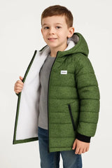 Erkek Çocuk Yeşil Desenli Mont  İçi Sıcak Tutucu Pelüş Astarlı, Kapüşonlu Fermuarlı Su İtici  Kışlık Şişme Mont- Haki