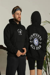 Erkek Sırt Baskılı Oversize Üç İplik Kapüşonlu Hoodie Sweatshirt - Siyah