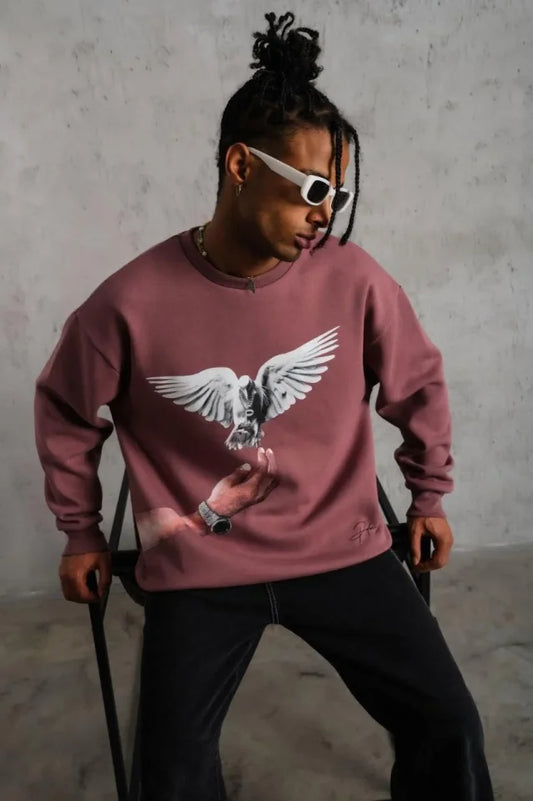 Erkek Güvercin Baskılı Sweatshirt - Gül Kurusu