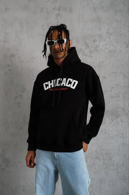 Erkek Kanguru Cepli Baskılı Kapüşonlu Sweatshirt - Siyah