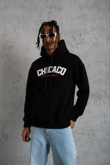 Erkek Kanguru Cepli Baskılı Kapüşonlu Sweatshirt - Siyah