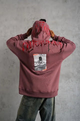 Erkek Ön Ve Arka Baskılı Kapüşonlu 3 İplik Sweatshirt - Gül Kurusu
