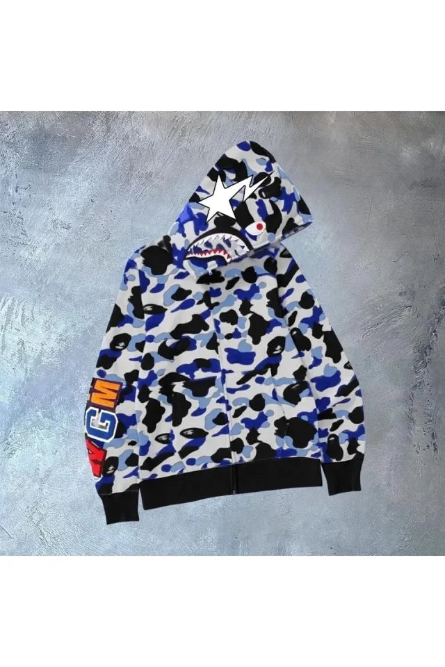 Erkek 3 İplik Bape Kapüşonu Fermuarlı Hırka - Gri