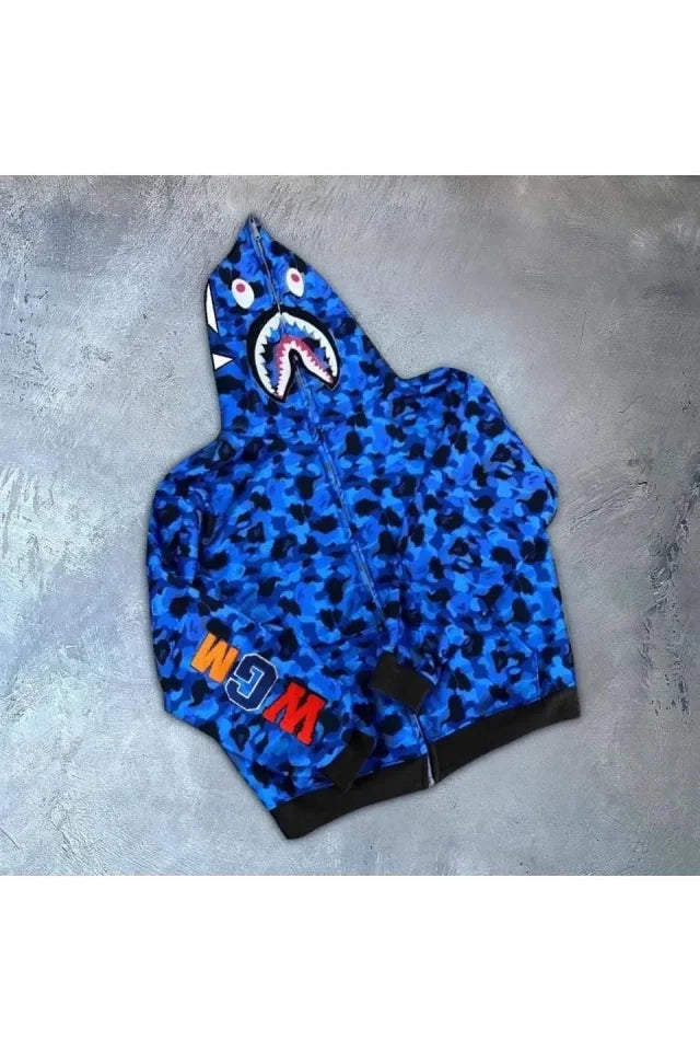 Erkek 3 İplik Bape Kapüşonu Fermuarlı Hırka - Mavi